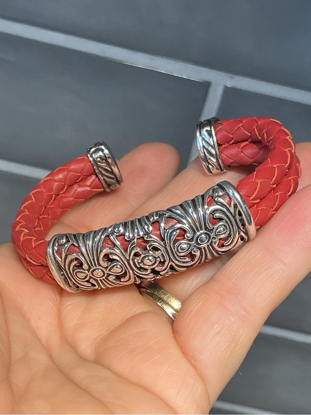Joseph Esposito Silver 925 Filigree Scrollwork Braided Red Leather Cuff Bracelet